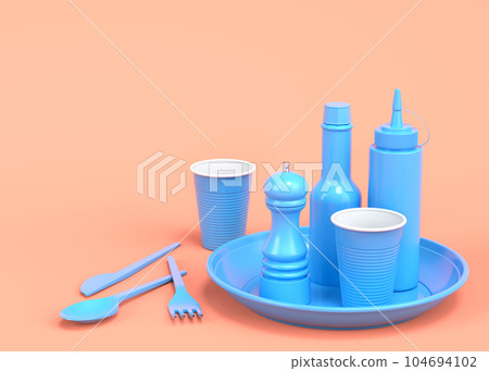 Set of disposable utensils like plate, folk, spoon,knife, cup and pepper mill Set of disposable utensils like plate, folk, spoon,knife, cup and pepper mill 104694102