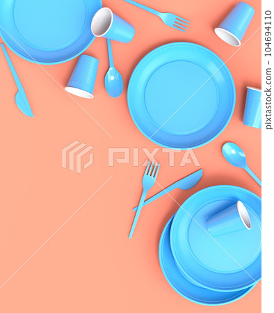 Set of disposable utensils like plate, folk, spoon,knife and cup on monochrome Set of disposable utensils like plate, folk, spoon,knife and cup on monochrome 104694110