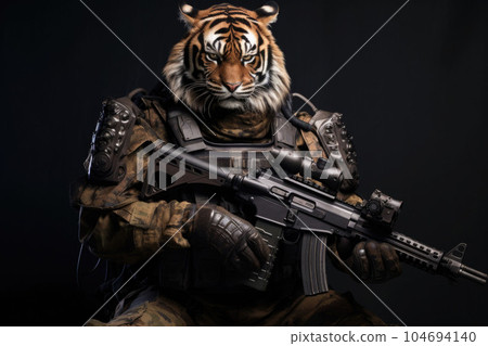 Tiger in body armor and with a machine gun. Beast in an armor with glowing eyes. Generative AI 104694140