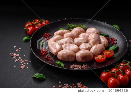 Fresh raw sausages from pork or chicken with salt, spices and herbs 104694286