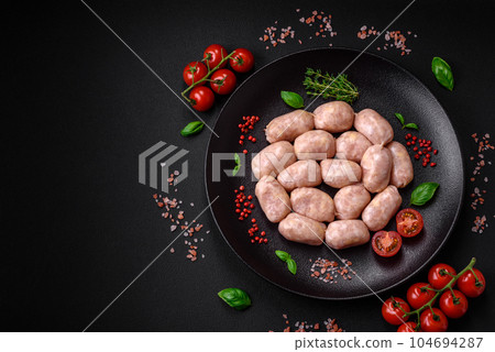 Fresh raw sausages from pork or chicken with salt, spices and herbs Fresh raw sausages from pork or chicken with salt, spices and herbs 104694287