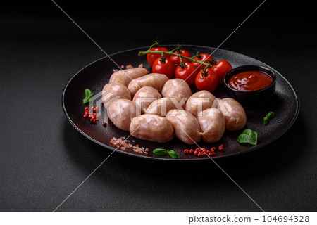 Fresh raw sausages from pork or chicken with salt, spices and herbs 104694328