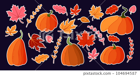 Autumn illustration set with leaves and pumpkins. Set of stickers. Autumn illustration set with leaves and pumpkins. Set of stickers. 104694587