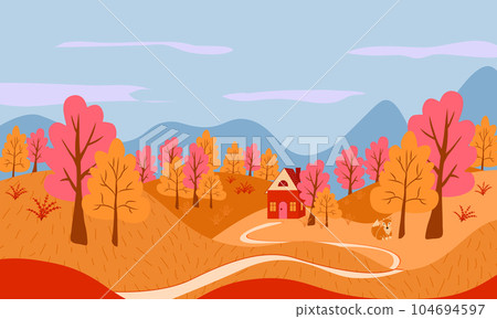 Autumn landscape with trees, mountains, fields, fox and house. Countryside landscape. Autumn background. 104694597