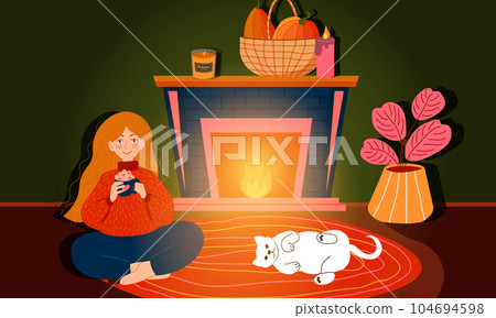 Woman sitting on floor near fireplace at home with coffee in hands, cat is laying. Cozy evening time by fireside of girl and cat flat vector illustration. 104694598