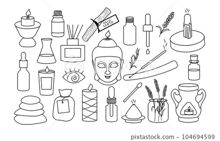 Vector candles and aromatherapy tools and line set. Lavender, salt, oil, palo santo, stones, diffusor and candle Buddha 104694599