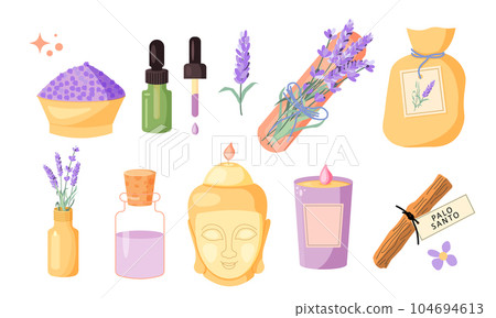 Vector candles and aromatherapy tools and lavender set. Lavender, salt, oil, palo santo and candle Buddha 104694613