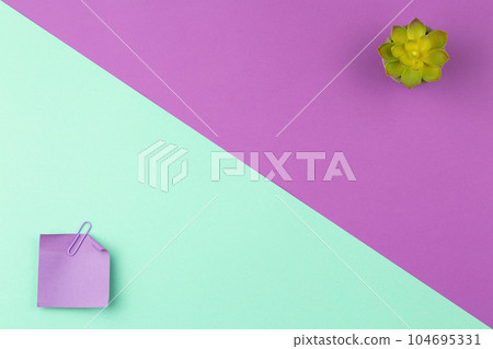 Note sheet with clip and plant in the pot. 104695331