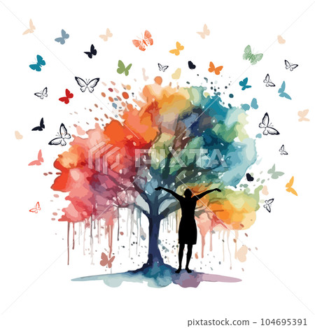 abstract silhouette of a happy girl with raised hands. Rainbow watercolor tree. Happy world sun and butterflies. Vector illustration 104695391