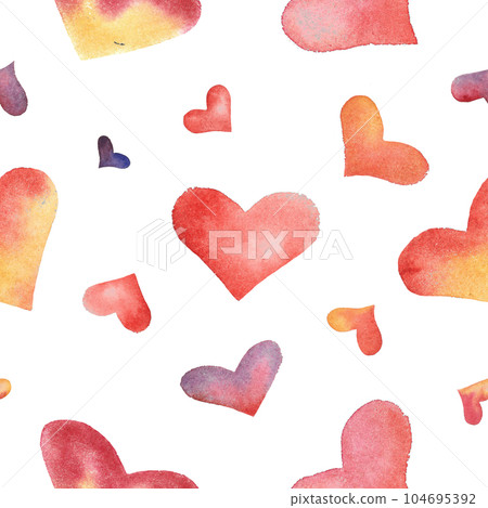 Seamless watercolor pattern with colourful hearts. Pink, red, yellow and violet. Hand drawn romantic texture for Valentine's Day, wrapping paper, packaging, wedding, birthday, greeting card 104695392