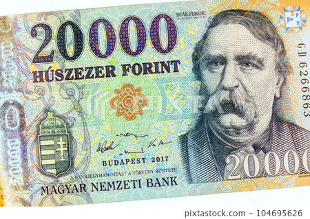 With cash value twenty thousand forints Hungarian banknote showcases portrait Ferenc Deak de Kehida significant Hungarian statesman. 104695626