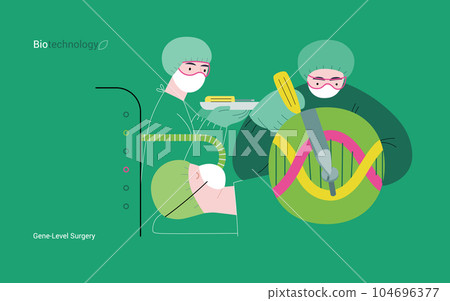 Bio Technology, Gene-Level Surgery -modern flat vector concept illustration of precise genetic modifications at the molecular leve. Metaphor of treating genetic disorders and enhancing human health Bio Technology, Gene-Level Surgery -modern flat vector concept illustration of precise genetic modifications at the molecular leve. Metaphor of treating genetic disorders and enhancing human health 104696377