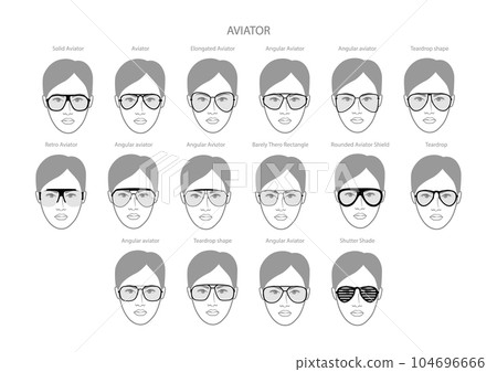 Set of Aviator frame glasses on women face character fashion accessory illustration. Sunglass front view silhouette Set of Aviator frame glasses on women face character fashion accessory illustration. Sunglass front view silhouette 104696666