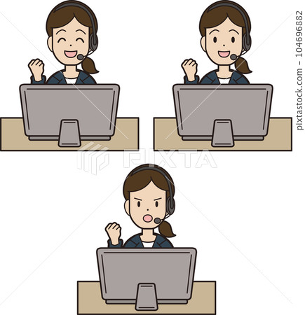 A young woman in a suit answering the phone while typing on a computer call center facial expression pattern goo 104696882