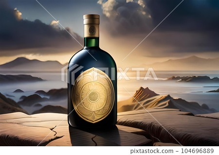 bottle on the sea and mountains background, AI generated. 104696889