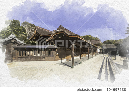 Watercolor-style Murotsu Kamo Shrine Main Building Mitsu-cho, Tatsuno City, Hyogo Prefecture 104697388