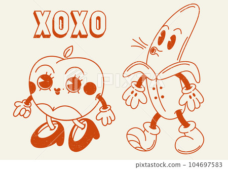 Xoxo banana peach retro groovy illustration print 104697583