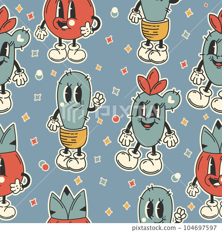 Seamless cacti pattern trendy retro groovy style 104697597