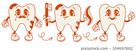 Cute tooth characters groovy style.dentist concept 104697602