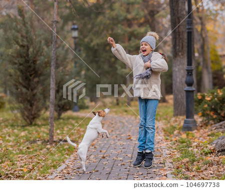 Caucasian girl playing with a dog for a walk in the autumn park.  104697738