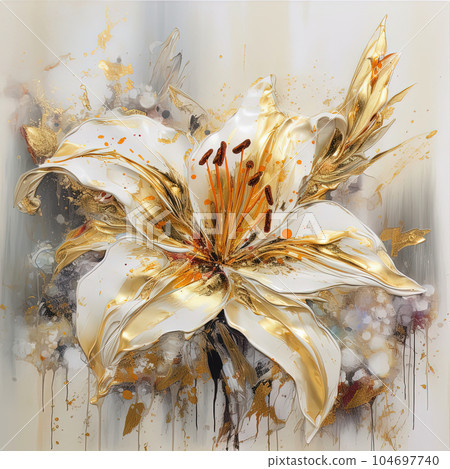Abstract floral oil painting. Golden and yellow lily on white background. Generative AI 104697740