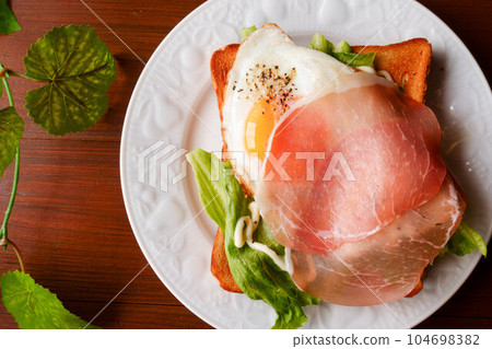 Prosciutto and fried egg toast Prosciutto and fried egg toast 104698382