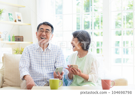 Senior couple looking at a smartphone in the living room 104698798