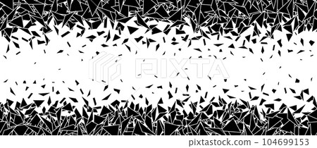 Debris and shatters in horizontal repeating border. Black broken triangle pieces, specks, speckles, particles, shivers. Abstract explosion and disintegrating textured background. Vector illustration  104699153