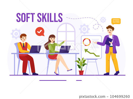 Soft Skills Vector Illustration of Office Workers Empathy, Communication, Idea Development, Skill and Education at Work in Flat Background Template 104699260