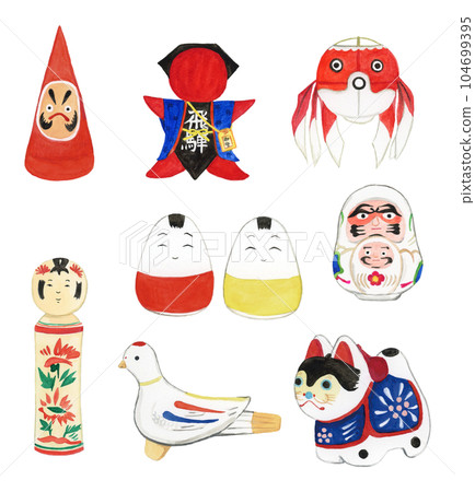 Hand drawn watercolor folk toy illustration set 104699395
