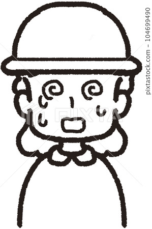 Upper body line drawing illustration of a woman wearing a hat, facing the front and sweating a lot. Upper body line drawing illustration of a woman wearing a hat, facing the front and sweating a lot. 104699490