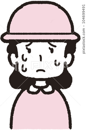 Upper body illustration of a woman wearing a hat and facing the front and sweating a lot Upper body illustration of a woman wearing a hat and facing the front and sweating a lot 104699491