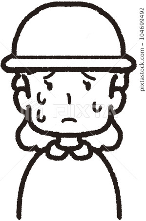 Upper body line drawing illustration of a woman wearing a hat and facing the front and sweating a lot Upper body line drawing illustration of a woman wearing a hat and facing the front and sweating a lot 104699492