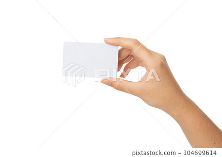 business woman hand holding business card isolated on white background with clipping path 104699614