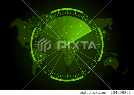 Vector green radar with targets in action. HUD radar display. Military Search System. Monitors with grid map and green neon objects. Vector illustration. Vector green radar with targets in action. HUD radar display. Military Search System. Monitors with grid map and green neon objects. Vector illustration. 104699801