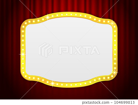 Retro lightbox template with light bulbs. Board isolated on background. Banner advertising, party, promotion and sale billboard, cinema or restaurant. Vector illustration. 104699813