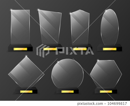 Glass Trophy Awards. Realistic glass winner Trophies. Set of luxurious glass figurines. First place award, crystal prize. Collection of cups for winners in competitions. Vector illustration. 104699817