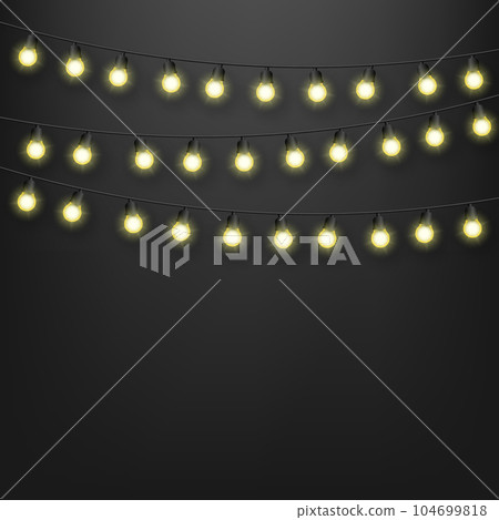 Garland with lights bulbs isolated on transparent background for cards, banners, posters, web design. Set of golden glowing lights. Vector illustration. 104699818