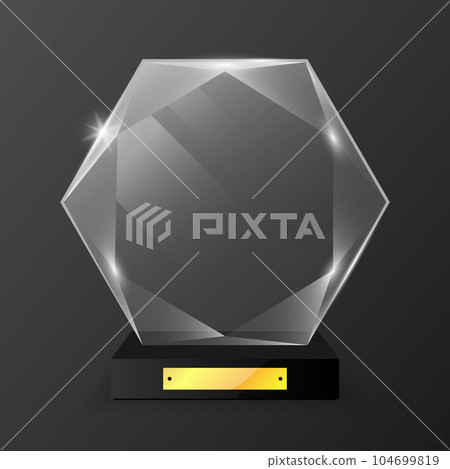Glass Trophy Award. Realistic glass winner Trophies. Luxurious glass figurines. First place award, crystal prize. Cup for winners in competitions. Vector illustration. Glass Trophy Award. Realistic glass winner Trophies. Luxurious glass figurines. First place award, crystal prize. Cup for winners in competitions. Vector illustration. 104699819