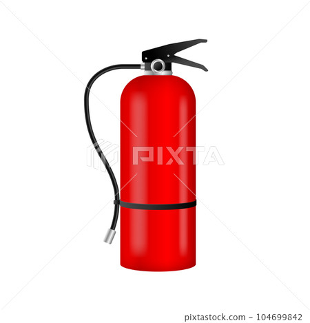 Realistic red fire extinguisher isolated on white background. Portable firefighting equipment. Vector illustration. 104699842