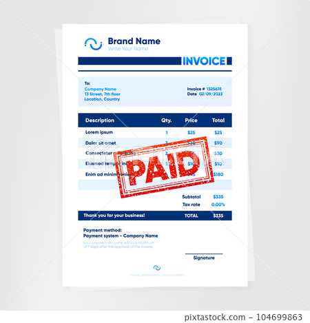 Paid. Minimal Corporate Business Invoice. Template bill form. Price invoice. Invoice template vector. Business stationery design payment agreement design template. Vector illustration. 104699863