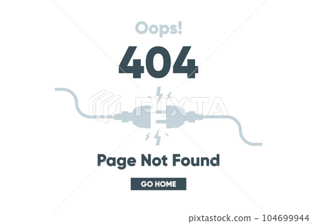 404 error and page not found banner. Cable, socket and plug. System error, broken page. Disconnected from wireless. For website. Vector illustration. 104699944