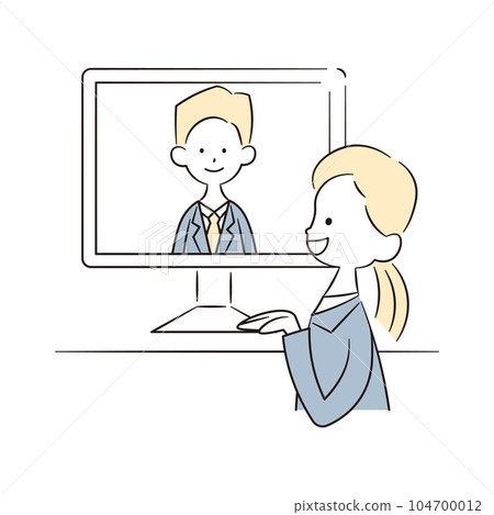 A female office worker and a male office worker having an online meeting A female office worker and a male office worker having an online meeting 104700012