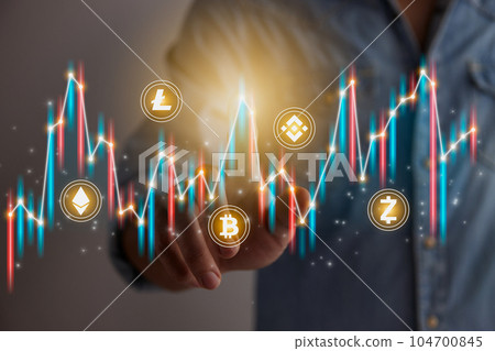 Casual Businessman Hand and Finger Press or Touch Color Stock Graph and Cryptocurrency 104700845