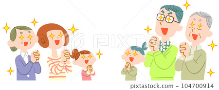 Three-generation family praying facing each other with their eyes shining 104700914
