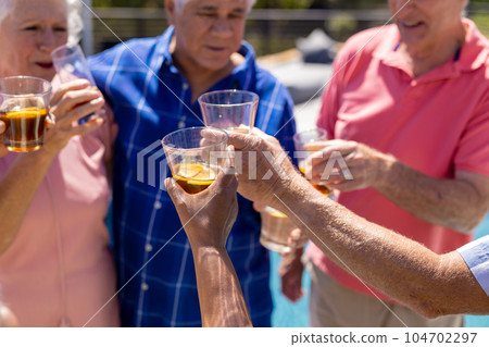Happy senior diverse people making toast and smiling in garden 104702297