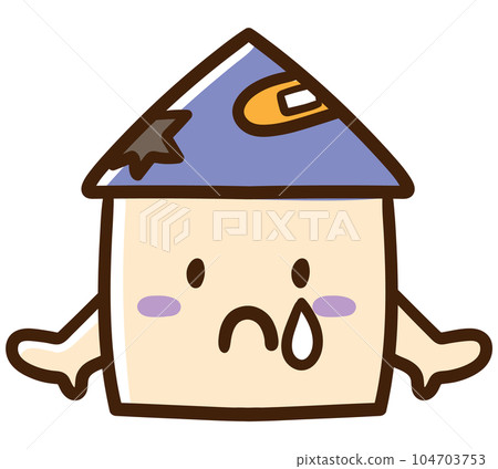 A hand drawn illustration of a cute house character who is sad because the roof is crumbling A hand drawn illustration of a cute house character who is sad because the roof is crumbling 104703753