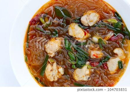 Spicy chicken soup with vermicelli or glass noodle Spicy chicken soup with vermicelli or glass noodle 104703831