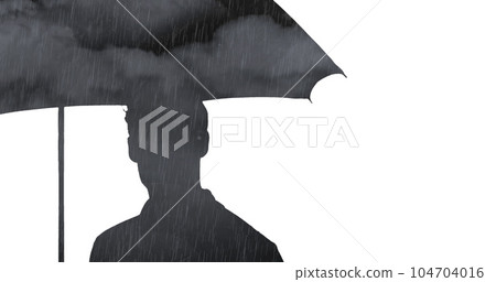 Silhouette of man under umbrella filled with grey clouds and rain on white background 104704016
