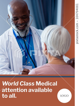 World class medical attention text and logo space over diverse senior male doctor and female patient World class medical attention text and logo space over diverse senior male doctor and female patient 104704081